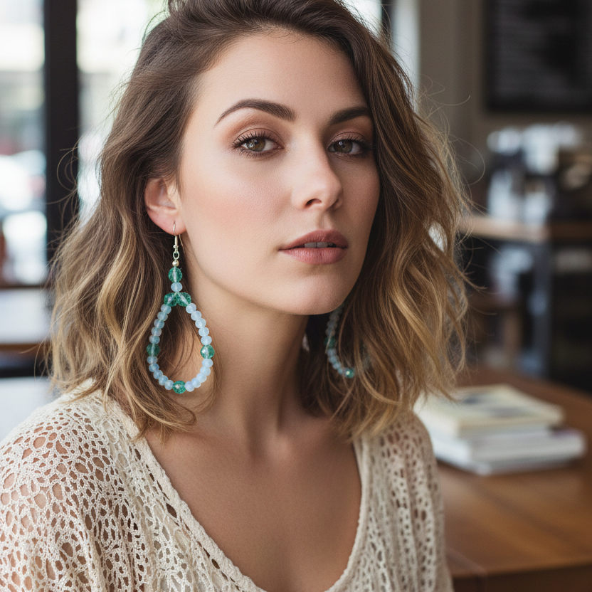 Green and Opal White Statement Crystal Earrings