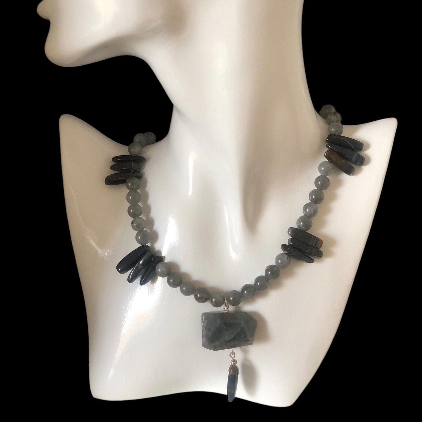 Moonstone and Blue Tiger Eye Beaded Necklace with Labradorite Pendant