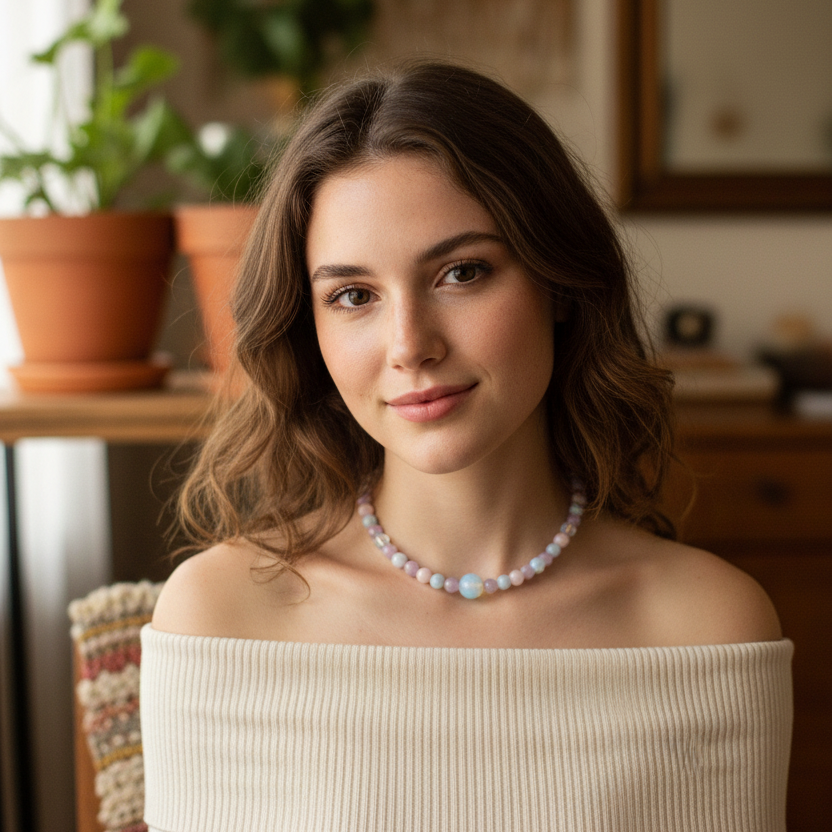 Morganite and Opalite Beaded Choker Necklace