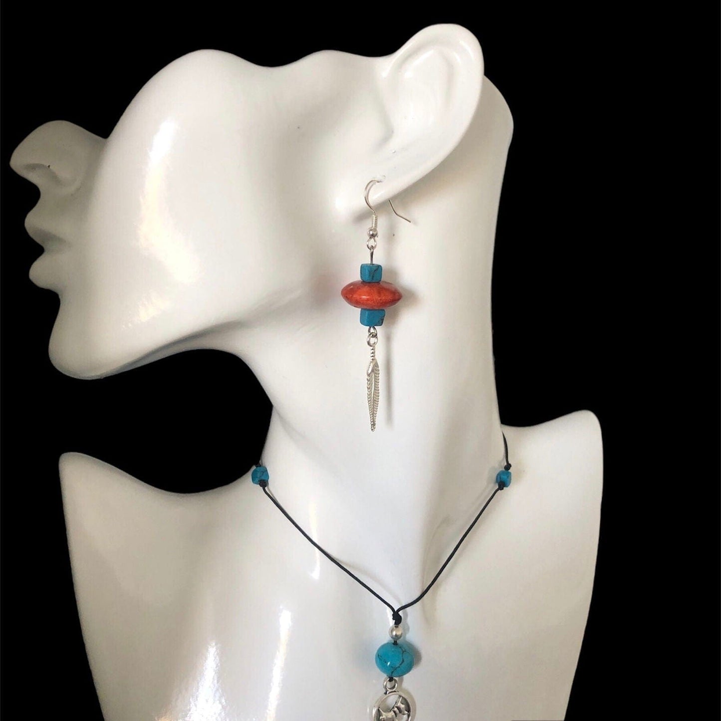 Silver Plated Dangle Earrings with Coral and Howlite