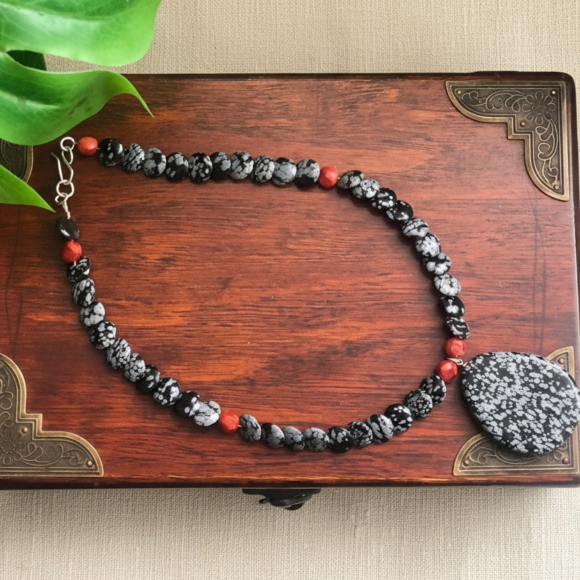 Snowflake Obsidian and Red Coral Beaded Choker Necklace