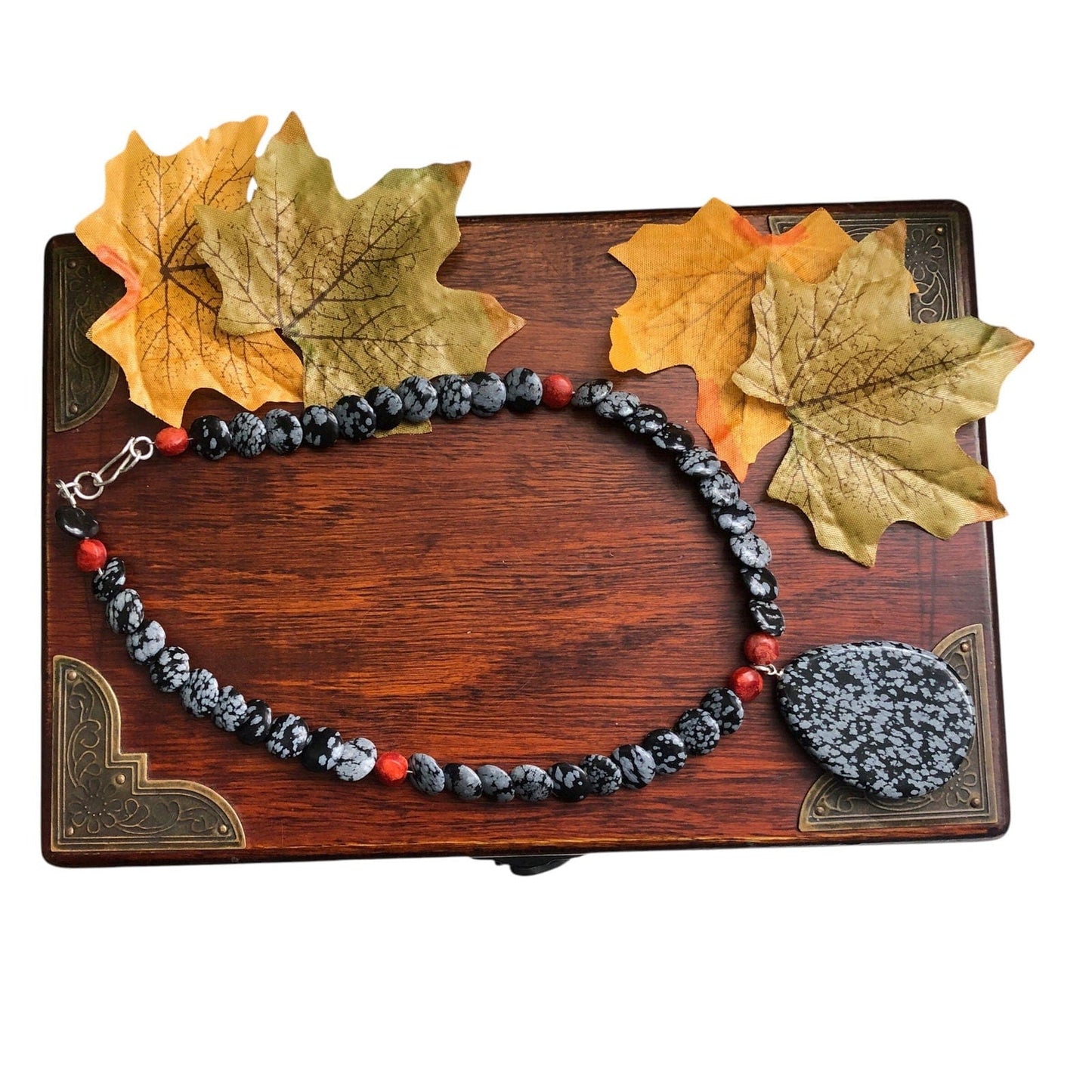 Snowflake Obsidian and Red Coral Beaded Choker Necklace