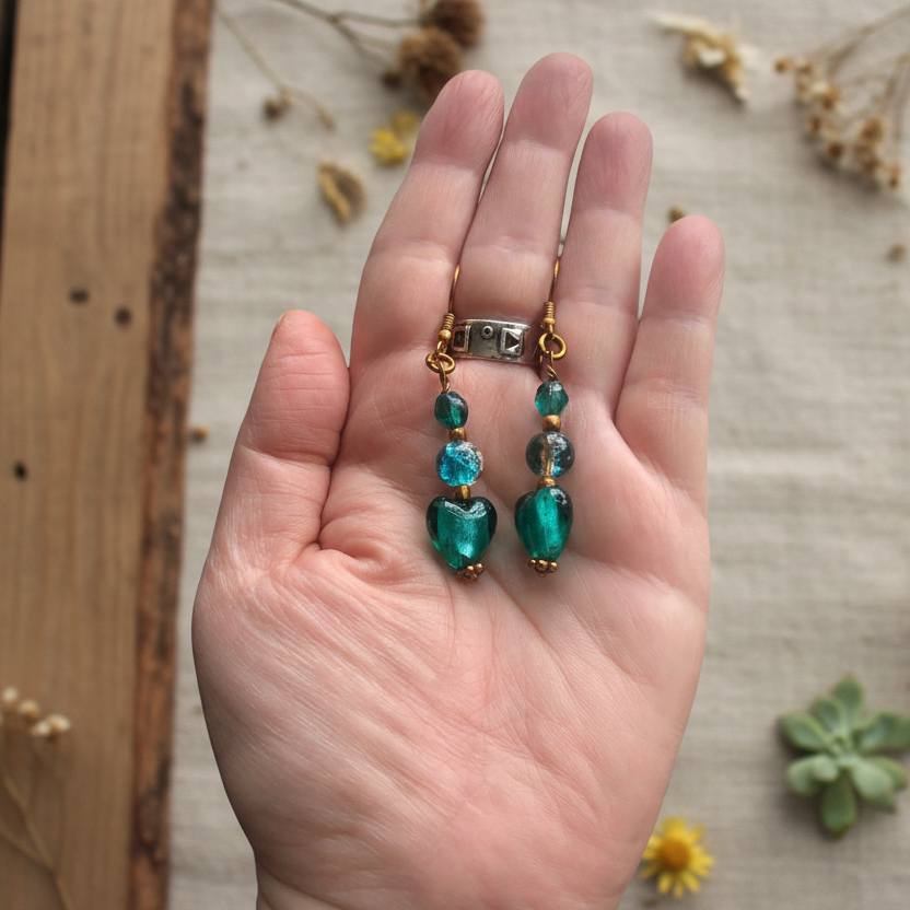 Turquoise Glass Hearts Dangle Earrings